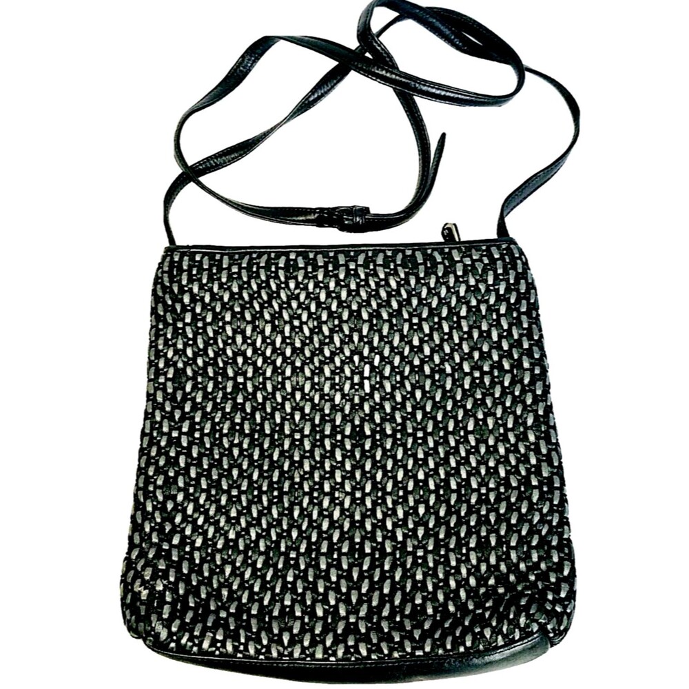 Sharif Handbag Woven Leather Cord Metallic Crossbody 9" Black Silver Purse Lux
